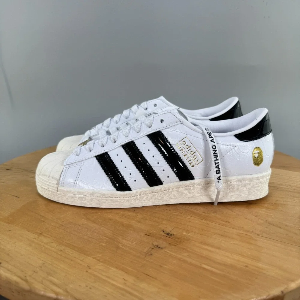 Mens 7 / Womens 8 - Adidas BAPE x Superstar Vintage Shoes White Black Gold NEW